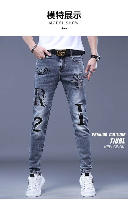 Slim Fit Korean Streetwear Graphical Printed Luxury Hip-Hop Stretch Denim Jeans for Men - Perfect Medium Wash Jeans Outfit
